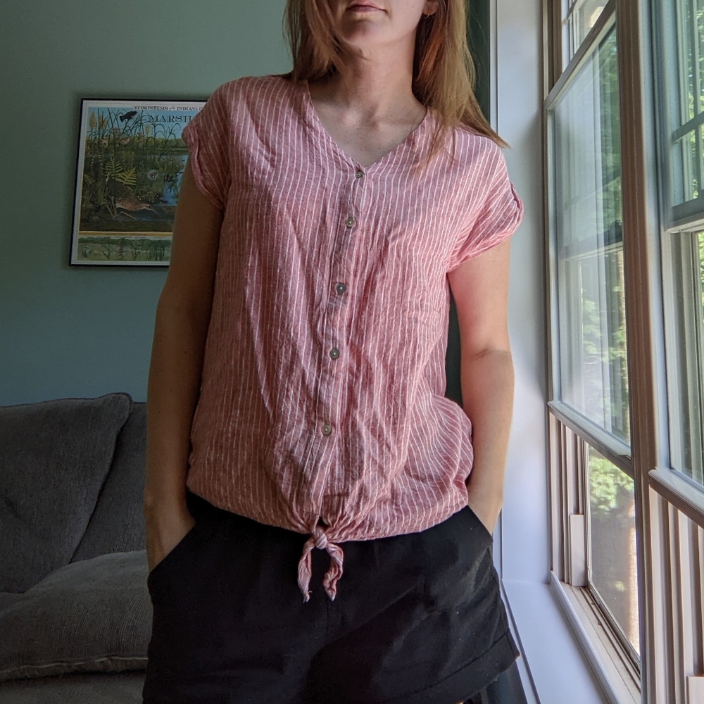 Loose peach striped linen tie front top